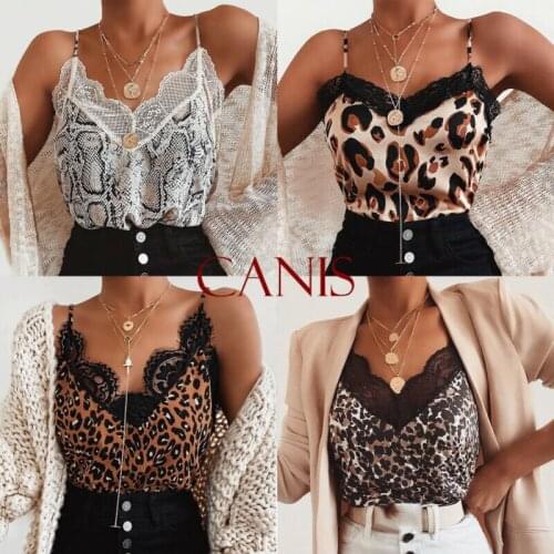 Fashion Hot Sexy Womens Lace Vest Tank Cami Camisole Summer Strappy Lace Top Leopard Snake Print Tank Elegant Loose V Neck Vest