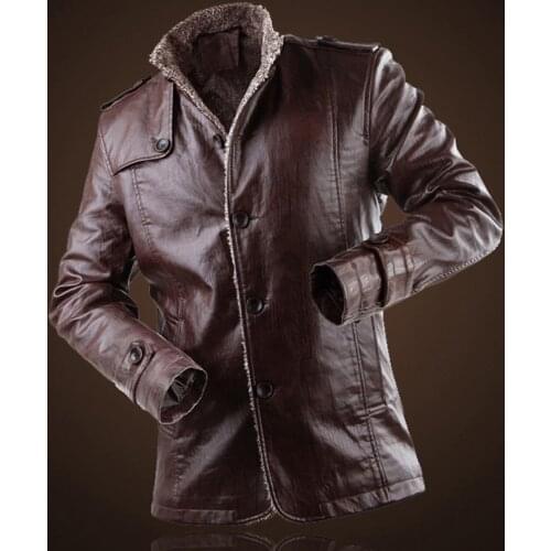 Men Winter Jacket Stand Collar PU Leather Buttons Pockets Men Jackets Fleece Plus Size Warm Jacket chaquetas куртка зимняя