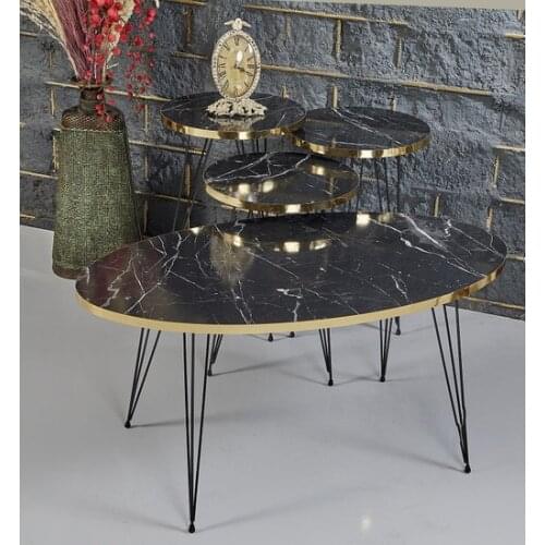 Modern Rupon Home 3 Pcs Zigon Medium coffee table Set-Black Marble Pattern Gold coffee table table basse