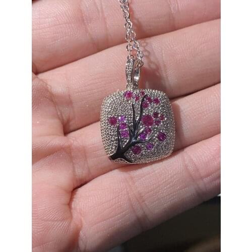 Delicate red zircon Leaves branch Pendant necklace 925 silver For Women branch Sparkling Pink Cherry Tree CZ Fashion collares