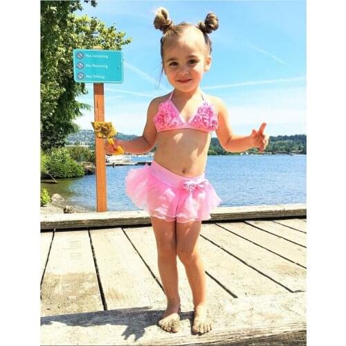 Newest 2Pcs Baby Summer Swimwear Solid-Color Hanging-Neck Floral Top+Tutu Skirt with Panty for Little Girls 1-6 Years
