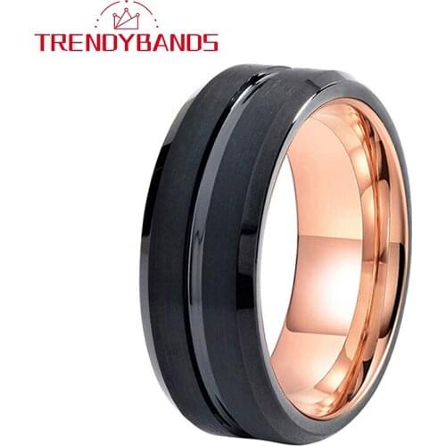 8MM Black Tungsten Wedding Ring Rose Gold Inner Center Grooved For Men Wemen Fashion Brushed Finished Comfort Fit