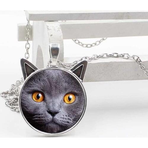 Wholesale fashion new cute cat ear pendant glass round cat face necklace children jewelry gift