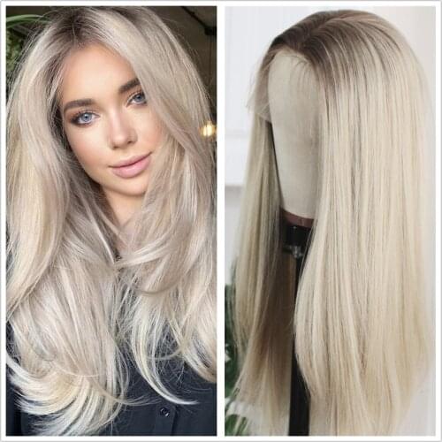 Ash Blonde Synthetic Lace Front Wig Straight hair Ombre Brown Platinum Long Transparent Lace Wigs for Women