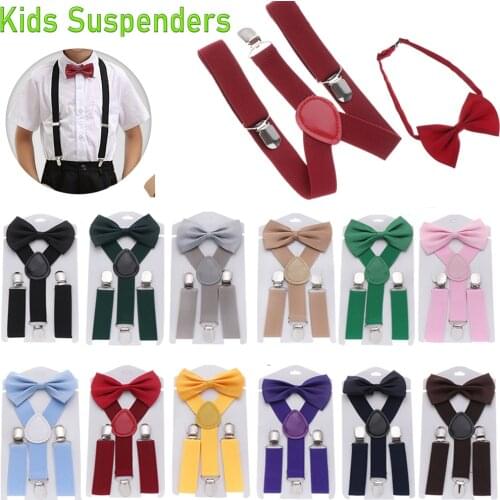 1PC Fashion Kids Suspenders With Bow Tie Set Boys Girls Solid Color Clip-on Adjustable Elastic Straps Wedding Ties Accessories