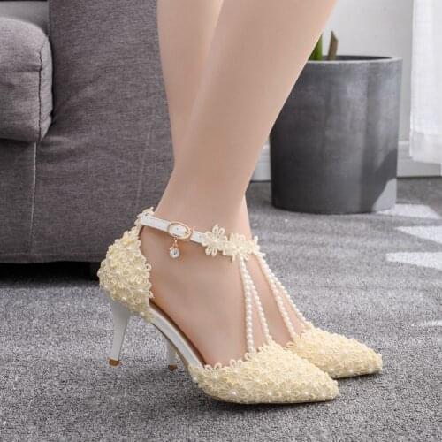 High Heels Lace Wedding Shoes Ankle Strap Pumps Women Sandals 7.5CM Bridal Stiletto