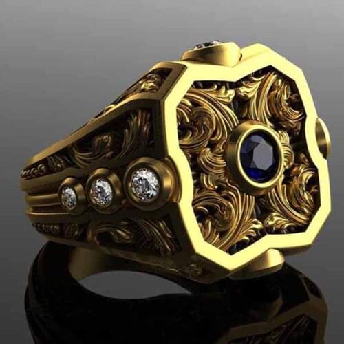 Vintage luxury Russian Men Large Ring Exquisite Pattern Carving Gold Blue CZ Ring Birthday Anniversary Gift Banquet Jewelry Gift
