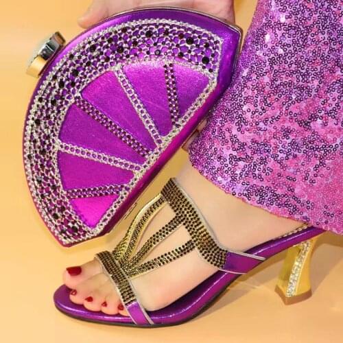 Wonderful purple women high heel shoes and nice bag with rhinestone decoration african pumps match handbag set V219,heel 10CM