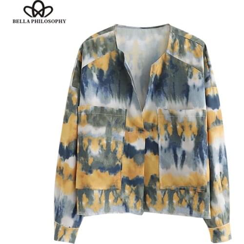 Bella Philosophy Prints Short Tops Women Blouses 2019 V Neck Long Sleeve Oversized Pocket Ladies Shirts Casual Blusas Mujer