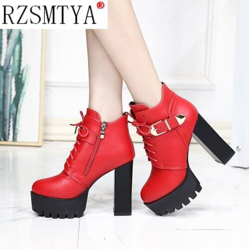 PU Leather Platform Ankle Strap Boots High Heels Womens Zip Spring Autumn Shoe Women Chaussures Femme Western Motorcycle Boots