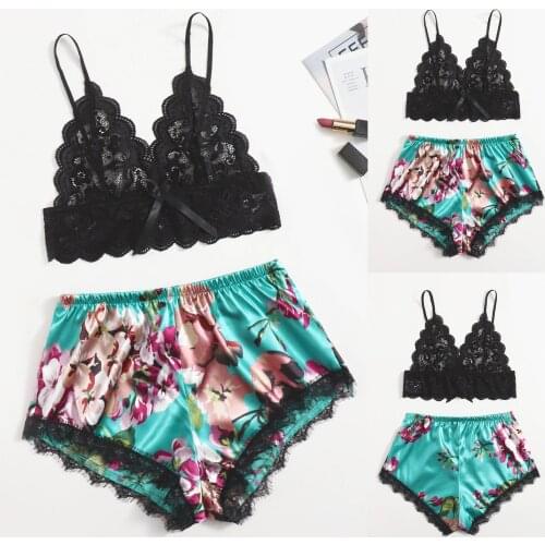 Womens Pajamas Sexy Lingerie Pijama Sleepwear Lace Silk Pyjamas Bra Womens Underwear Pajama Sets Satin Tops Shorts Plus Size