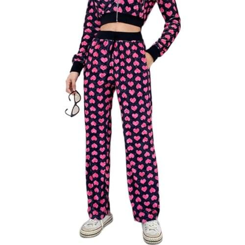 Women Pink Heart Print Velvet Jacket Kawaii Long Sleeve Zip Up Cropped Sweatshirt Harajuku High Waist Drawstring Pants Autumn