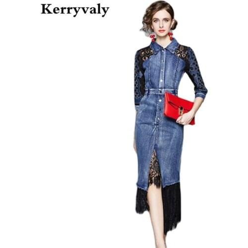 High-End Lace Splicing Hollow Embroidery Denim Dress Robe Femme T 2021 Fashion Slim-Fit Slim-Looking Jeans Midi Dress K3178