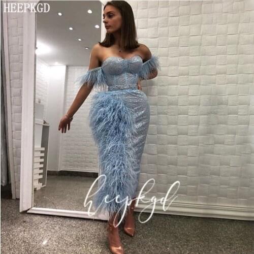 New Design Mint Blue Short Evening Dress 2020 Sweetheart Feathers Lace Luxury Arabic Party Dresses For Women Robe De Soiree