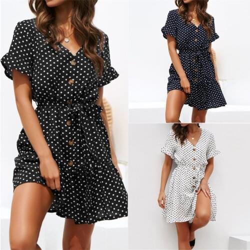 2020 New Summer Dress Women Sexy V Neck Butterfly Short Sleeve Beach Dress Casual Dot Dress With Belt Plus Size Vestidos Casuais