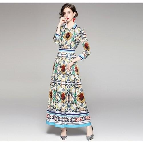 2021 Autumn fashion Elegant women Long Sleeve turn down collar Single Breasted Flower Print maxi dress Vestidos