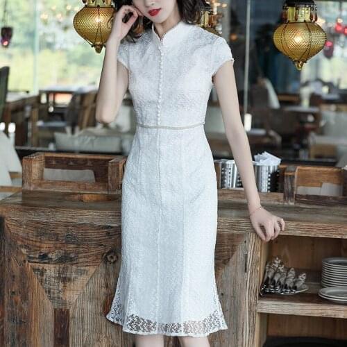 White Dress Women Spring Summer 2020 New Fashion Solid Color Embroidered Beading Stand Collar Office Ladies Elegant Dress Midi