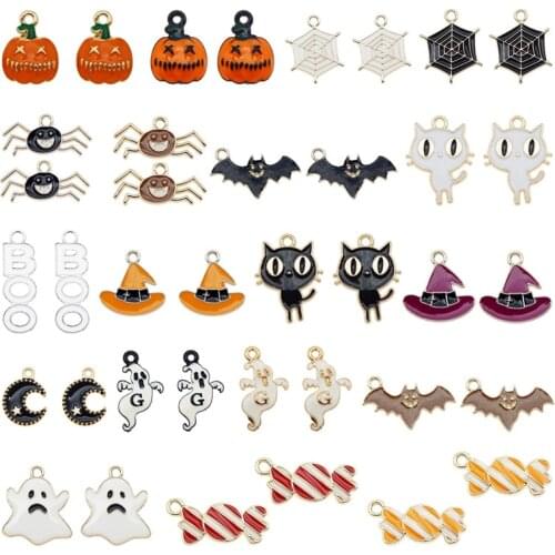 19Pcs Enamel Alloy Halloween Pumpkin ghost hat Charms Pendant bracelets necklace earring key chain DIY decoration Jewelry Making