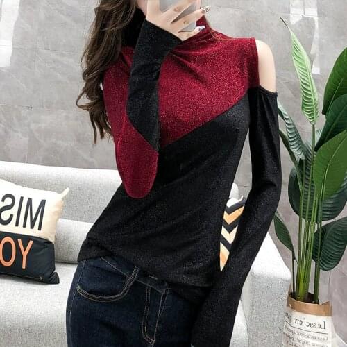 #5748 Gold Silver Red Turtleneck T Shirt Women Slim Off Shoulder T Shirt Sexy Tight Casual Tee Shirt Femme Sexy Plus Size 3XL