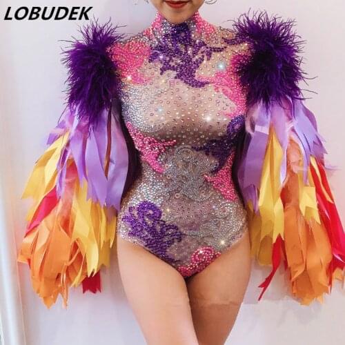 Sparkly Rhinestones Colored Ribbon Sleeve Bodysuit Elastic Crystals Bodysuits Bar Nightclub DJ Singer Dancer Costume Stage Wear
