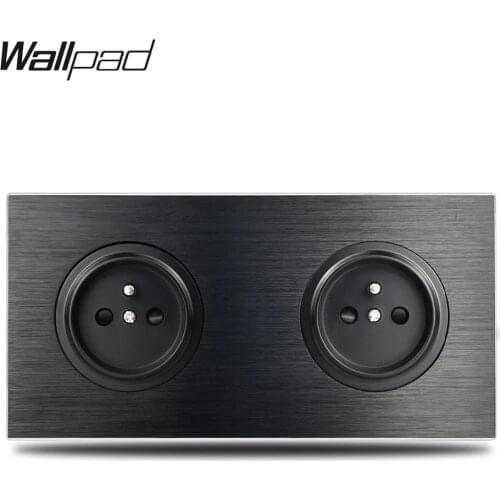 Wallpad L6 Black Aluminum Double French Wall Electrical Power Round Socket Satin Metal Frame Brushed Plate, 172 * 86 mm