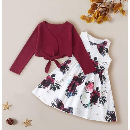 Toddler Kids Baby Girls Clothes Solid Tops +Floral Print Princess Dress Autumn Outfit Sets Girl Dress Clothing 4 5 6 7 8 9 Years