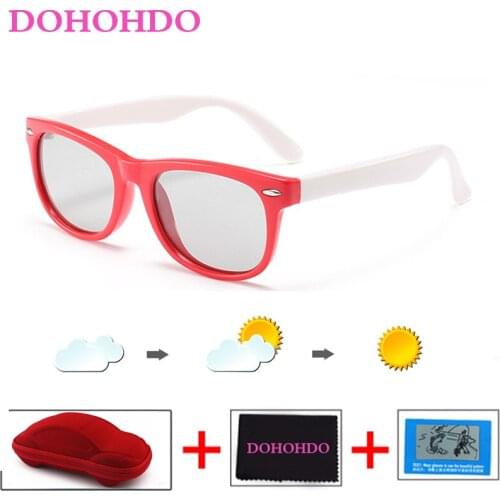 DOHOHDO Photochromic Kids Sunglasses Polarized Children Boys Girls Coating Mirror Soft Silicone Safety UV400 Sun Glass With Case