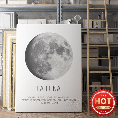 Luna Black White Illustration Art Prints Poster, Universe Space Star Celestial Moon Canvas Painting, Kids Room Home Decor Gift