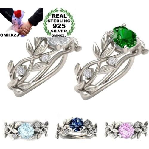 OMHXZJ Wholesale European Fashion Woman Man Party Wedding Gift Various Color Leaves AAA Zircon 925 Sterling Silver Ring RR36