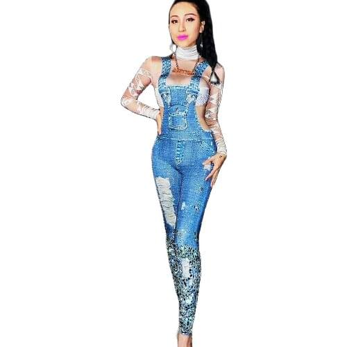 Personality Pattern Printing Denim Blue Backless Jumpsuit Rhinestones Club Costume Women Bar Show Stage Wear Uniform Costumes