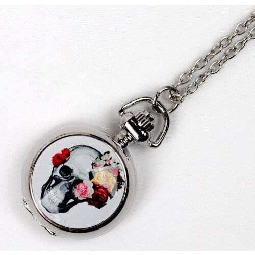 Fashion Colored Glaze Enamel Pocket Watch Flower Skull Design Silver Necklace Pedant Montre Exquisite Women Fob Watch