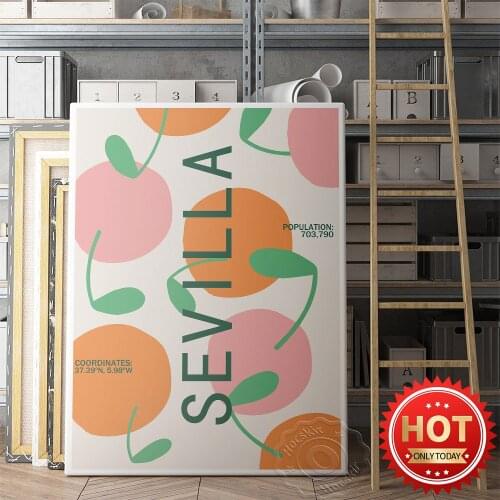 Seville Population Sum Poster, Seville City Coordinates Wall Picture, Nordic Style Living Room Bedroom Home Decor Art Mural