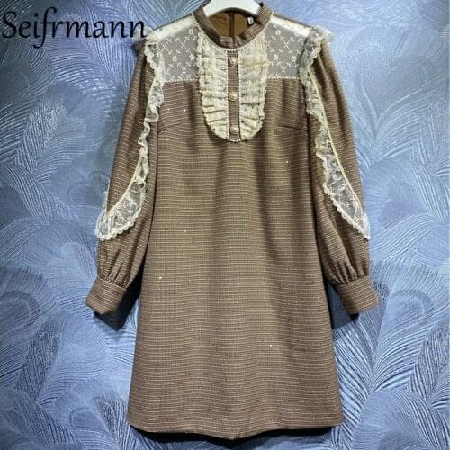 Seifrmann New 2021 Autumn Women Fashion Runway Mini Dress Lantern Sleeve Ruffles Lace High Waist Elegant A-Line Dresses Vestidos