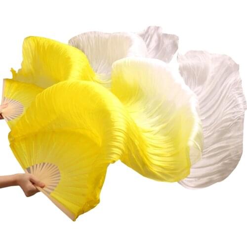 Hits 2018 Hot Selling Handmade Women Dance Fans High Quality Silk Belly Dance Fans 100% Silk Veils 1 Pair Yellow + White 180*90