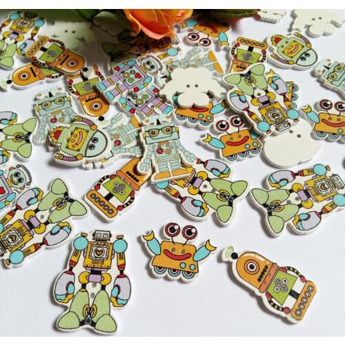50PCs/lot Wooden Buttons Mixed Cartoon robot buttons Sewing And Scrapbooking 2 Holes Pattern Painting Buttons For Craft