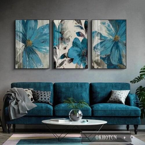 Vintage Oil Painted Blue Flowers Canvas Painting Abstract Botanical Blooming Floral Poster Wall Art Picture Living Room Decor