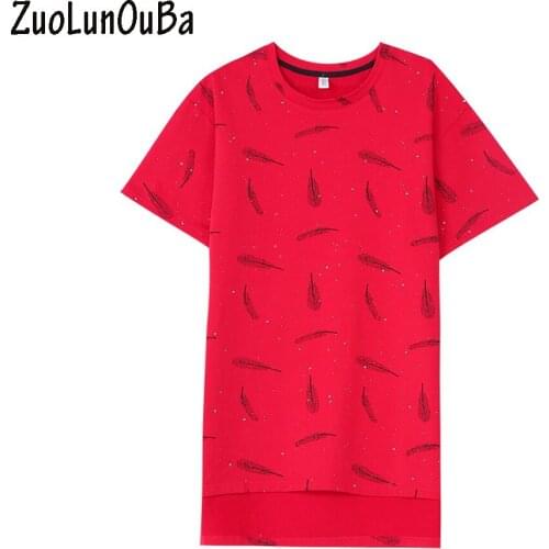 The New Arrival Of Summer Red Bright Diamond Leaf Print Harajuku T Shirt Womens Soft Short Sleeve O Neck Irregular Tees Tops