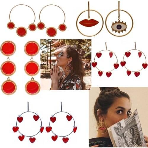 Bohemian Lady Heart summer beach Statement Earring Women Metal Gold Color Eye Heart Lips Long Dangle Drop Earrings Party Jewelry