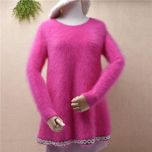 Ladies women vintage rose o-neck hairy mink cashmere knitted winter clothes warm beading angora rabbit fur jumper sweater dress