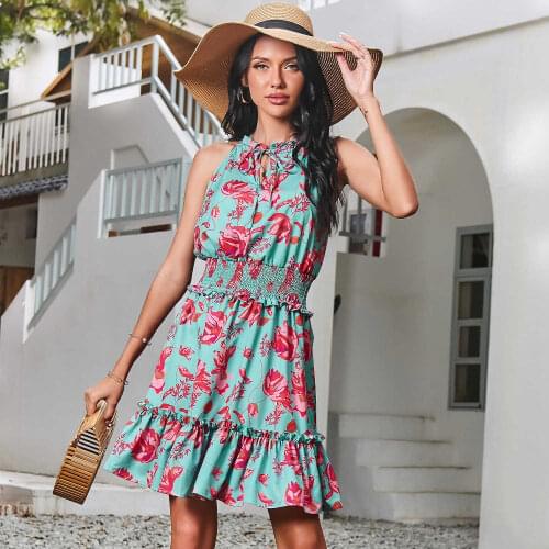 Womens Spring Summer 2021 Casual Vacation Style Dress Floral High Waist Sleeveless V Neck Print Bandage Sexy Dress
