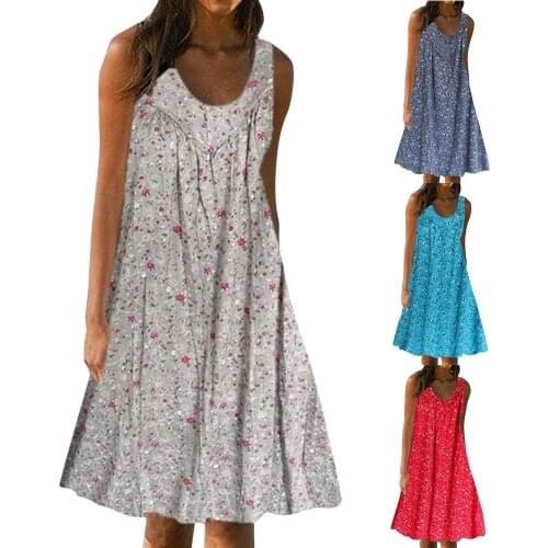 Women Boho Sleeveless O Neck Floral Print Large Hem Loose Knee-length Chiffon Long Beach Sexy Party Dress Vestidos de fiesta