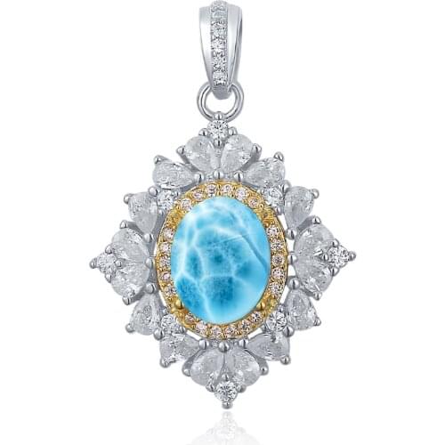 925 Sterling Silver 1.25ct Natural Dominica Larimar Pendant & CZ Stone Women pendant Necklace For Gift/larimar pendant/larimar