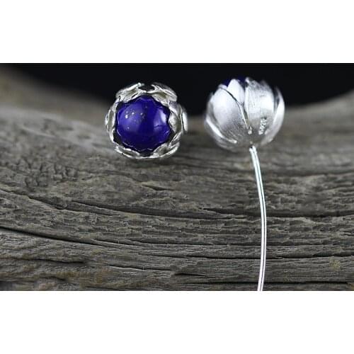 BOCAI 2021 Trend Real S925 Silver Jewelry Hand Ladies Lotus Lapis Lazuli Earrings Fashion and Personality Lotus Bezel Setting