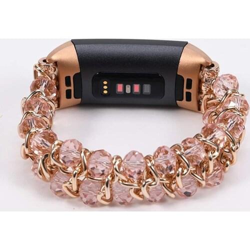 Elastic Pink Band for Fitbit Charge 2 3 4 Strap Woman Bracelet Beaded Crystal Loop Replacement Watchband with Stainless Chain