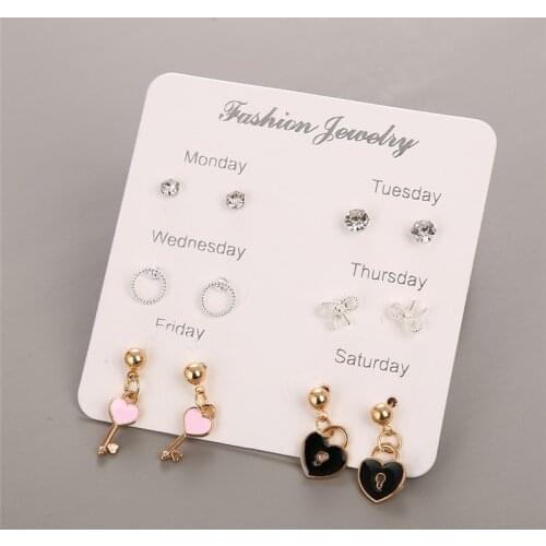 2019 New Fashion Earrings for Women Crystal Key Heart Cute Earrings 6 Pairs Set Monday To Saturday Earrings Jewelry Gifts