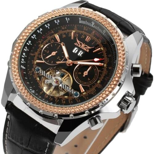 JARAGAR Men Rose Gold Steel Case Leather Strap Skeleton Automatic erkek kol saati Mechanical Watch mens watches top brand luxury