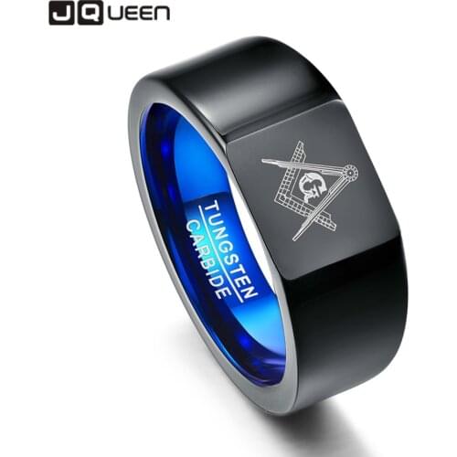 JQUEEN 10mm Retro Big Head Style Tungsten Carbide Rings Vacuum Plating Black with Blue Rings Laser Masonic Sign Tungsten Ring