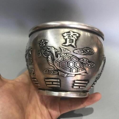 MOEHOMES china Antique White copper Carved Four sacred animals Statue Eight trigrams Qing/Ming Dynasty Bowl cups tea wine cup