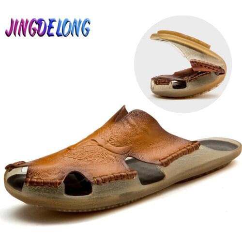 New Summer Mens Sandals Genuine Leather Breathable Shoes Roman Sandals Flats Man Slippers Roman Style Beach Sandals Hot Sale