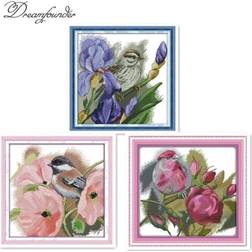 The bird with poppies cross stitch kit pink flower animal 14ct 11ct count printed canvas embroidery DIY handmade needlework plus